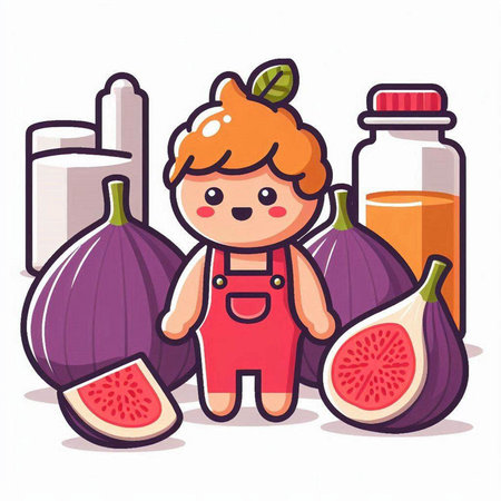 Funny little boy with fresh figs. Healthy food concept. Vector illustrationのイラスト素材