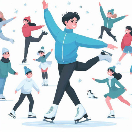 Winter sports. Happy people skating on ice rink. Vector illustration.のイラスト素材