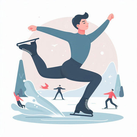 Winter sports. Young man skating on ice. Vector illustration in flat style.のイラスト素材