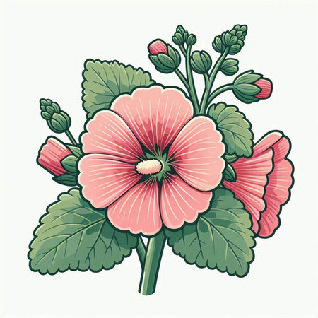 Illustration of a pink mallow flower on a white background.のイラスト素材