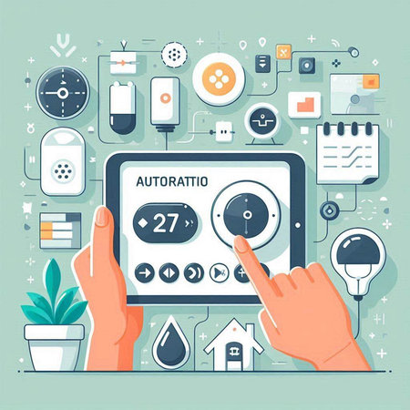 Modern flat design vector illustration concept of smart home control system. Green background with user interface elements.のイラスト素材