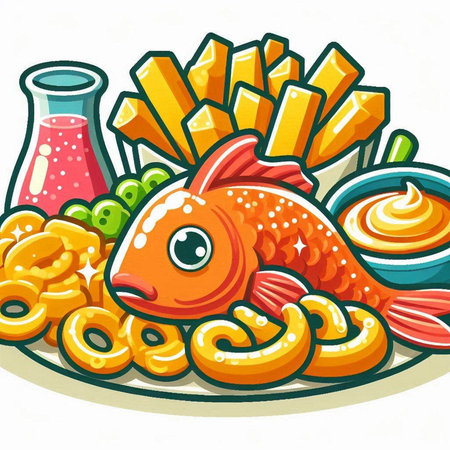 Illustration of a Fish with French Fries and Ketchup Sauceのイラスト素材