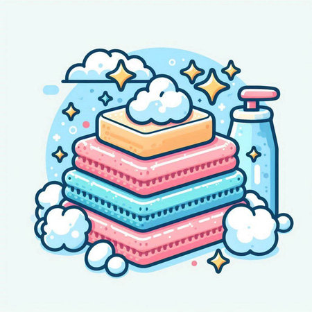 Vector illustration of a stack of soap bars with foam and bubbles.のイラスト素材