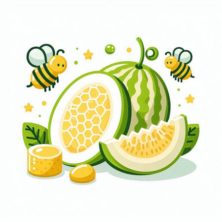 Melon with honey and bees on a white background. Vector illustration.のイラスト素材