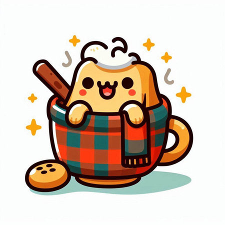 Cute coffee mug with whipped cream and cookies. Vector illustration.のイラスト素材