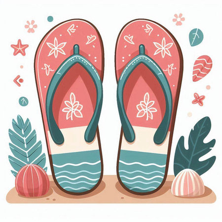 Flip flops with seashells and flowers. Vector illustration.のイラスト素材