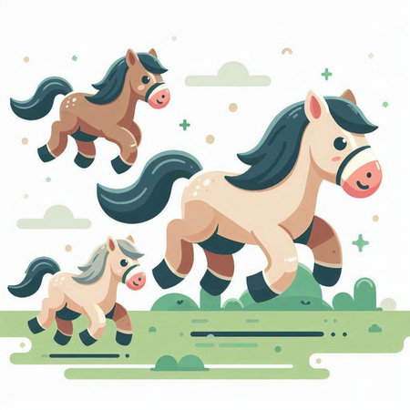 Cute cartoon horses running on the field. Vector illustration in flat style.のイラスト素材
