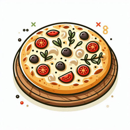 Pizza with olives and tomatoes on a white background. Vector illustration.のイラスト素材