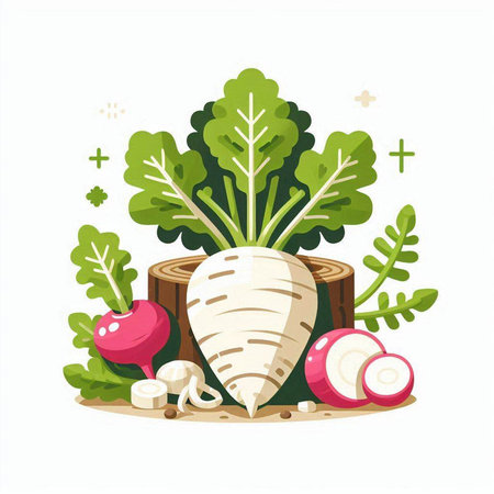 Vegetables, parsnip, radish, turnip, onion, garlic, parsnip, vector illustrationのイラスト素材