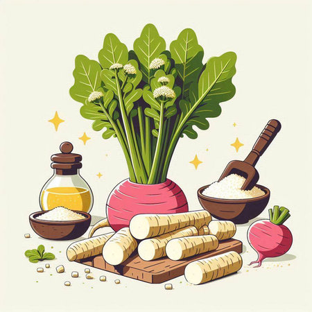 Illustration of ingredients for cooking radish soup. Vector illustration.のイラスト素材