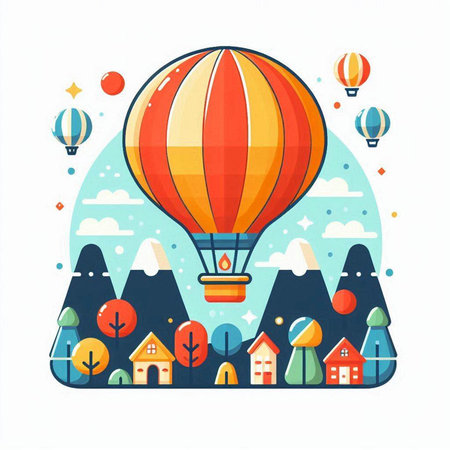 Hot air balloon flying over the city. Colorful flat vector illustration.のイラスト素材