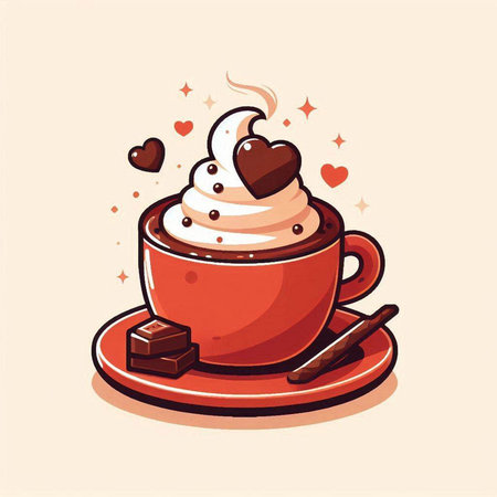 Coffee cup with whipped cream and chocolate. Vector illustration.のイラスト素材
