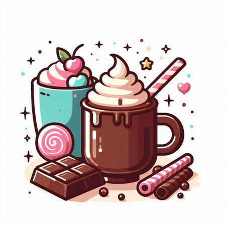 Cup of hot chocolate with whipped cream, cherry and chocolate candies. Vector illustration.のイラスト素材