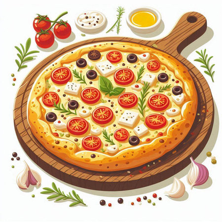 Illustration of a pizza with mozzarella, tomatoes and spicesのイラスト素材
