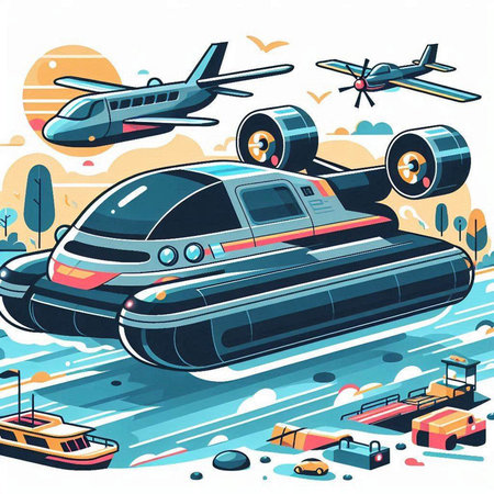 Vector illustration of a flying car on the background of the city.のイラスト素材