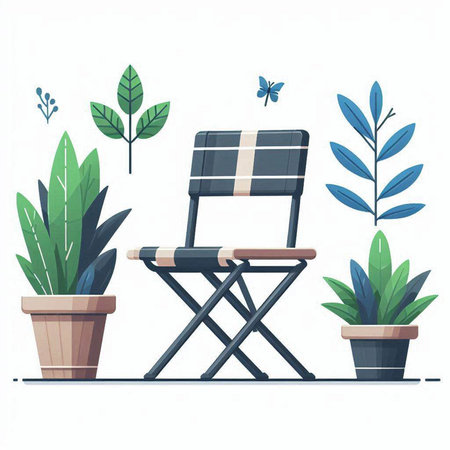 Flat design modern vector illustration concept of outdoor chair and plants.のイラスト素材