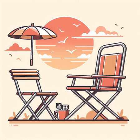 Vector illustration of a deck chair and a coffee cup on the beach.のイラスト素材