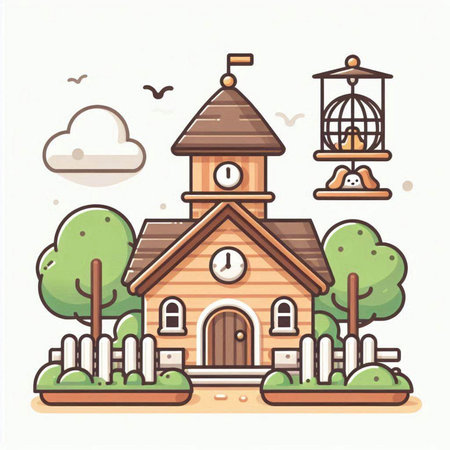Vector illustration of a wooden school building in the park. Flat design.のイラスト素材