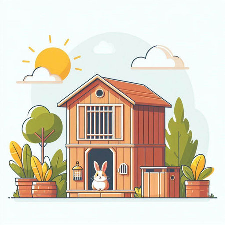 Vector illustration of a wooden house with a rabbit in the garden.のイラスト素材