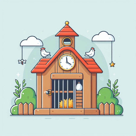 Vector illustration of an old school clock with birds in the garden.のイラスト素材