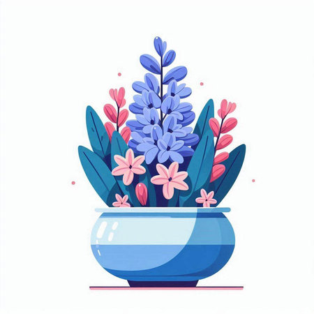 Flowerpot with hyacinths. Vector illustration in flat styleのイラスト素材