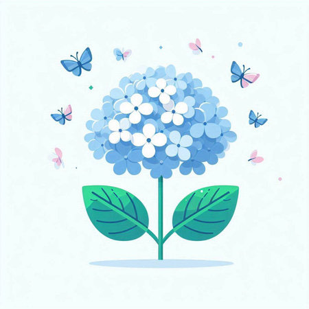 Blue hydrangea with butterflies on white background. Vector illustration.のイラスト素材