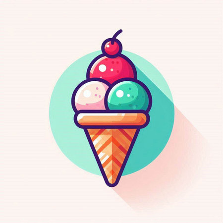 Ice cream vector icon. Sweet dessert in waffle cone with berries and cherry.のイラスト素材