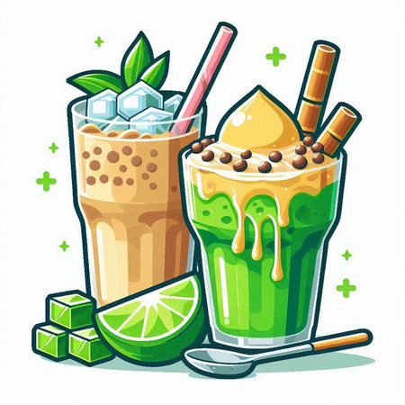 Iced green tea with straws and ice cubes. Vector illustration.のイラスト素材