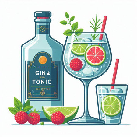 Cocktail gin and tonic with lime, raspberry and mint. Vector illustrationのイラスト素材