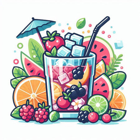 Fruit cocktail with ice, berries and fruits. Vector illustration.のイラスト素材