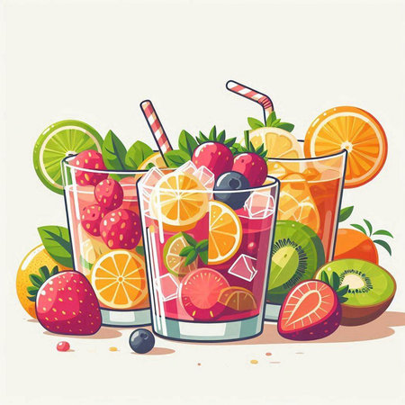 Fruit cocktail with lemon, orange, grapefruit, kiwi, strawberry, orange. Vector illustration.のイラスト素材