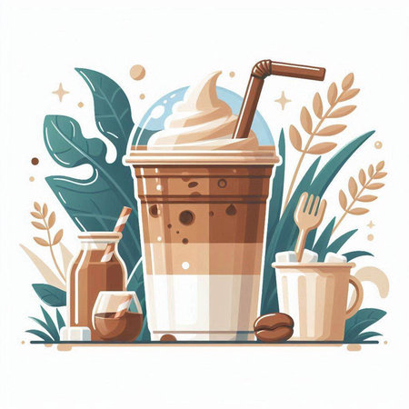 Iced coffee in plastic cup with whipped cream. Vector illustration.のイラスト素材