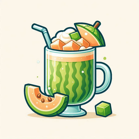 Cocktail with melon, ice cubes and mint. Vector illustration.のイラスト素材
