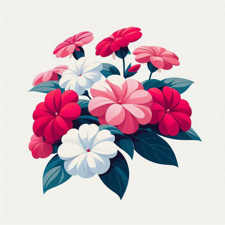 Beautiful red and white flowers with green leaves. Vector illustration.のイラスト素材