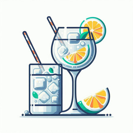Cocktails with ice, orange and lime. Vector illustration.のイラスト素材
