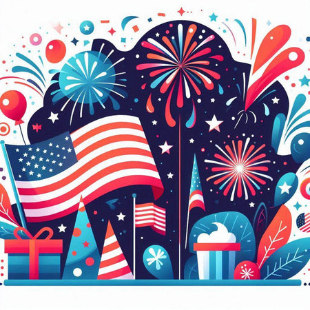 background with fireworks and gift box. Vector illustration.のイラスト素材