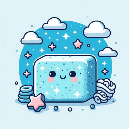 Cute cartoon ice cube with stars and clouds. Vector illustration.のイラスト素材