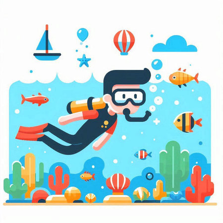 Scuba diving vector illustration. Cartoon flat man character with diving mask and snorkel.のイラスト素材