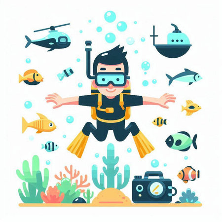 Scuba diving vector illustration. Cartoon scuba diver with diving equipment.のイラスト素材