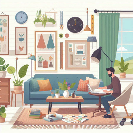 Interior design of living room with sofa, coffee table, armchair, coffee cup, bookshelf, plants, wall clock. Flat vector illustration.のイラスト素材