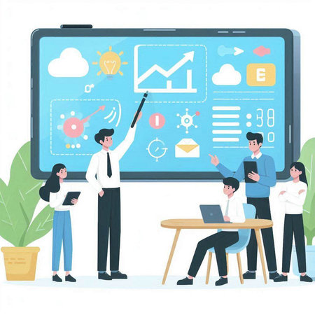 Business people working on project presentation in office. Teamwork concept. Flat vector illustration.のイラスト素材