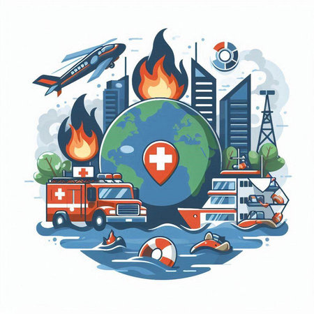 Vector illustration of world health day concept with fire, ambulance, ambulance, ship, globe, helicopter and other elements.のイラスト素材