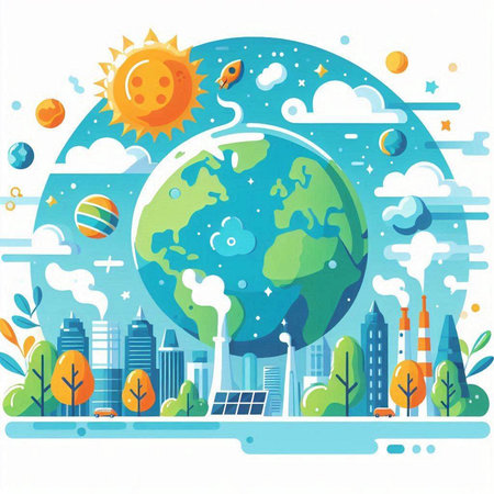 Ecology concept. Earth planet with solar panels and buildings. Vector illustration.のイラスト素材