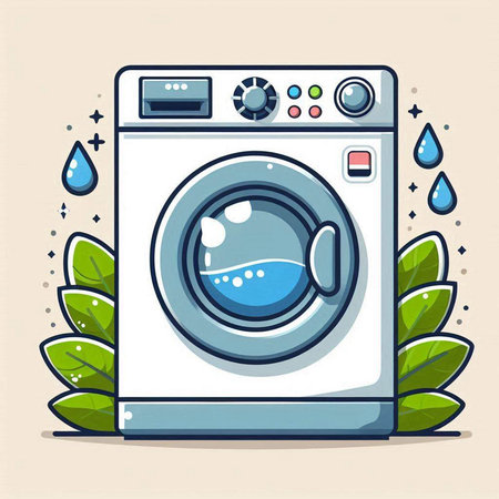 Washing machine with water drops. Vector illustration in flat style.のイラスト素材