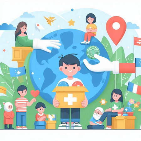 Volunteer concept. Flat style vector illustration. Cartoon character of volunteer with world map.のイラスト素材
