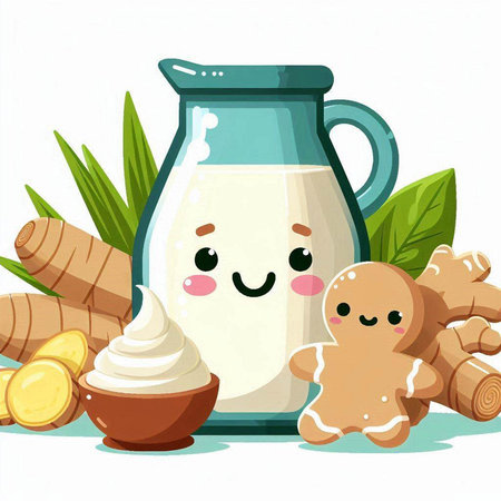 Illustration of a Cute Milk Mascot Character with Ginger and Ginger Rootのイラスト素材