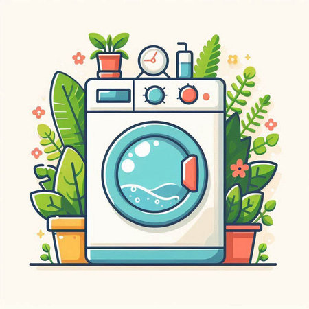 Washing machine with water and plants. Flat style vector illustration.のイラスト素材