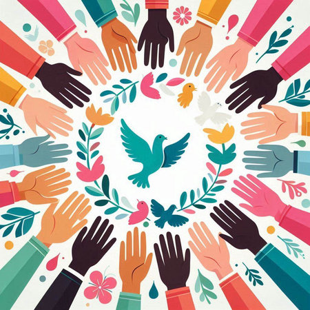 International Day of Peace concept. Hands with dove and flowers. Vector illustration.のイラスト素材