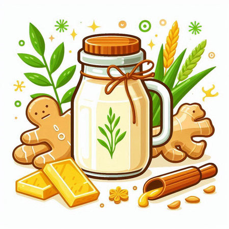 Ginger milk and ingredients for healthy breakfast. Vector cartoon illustration.のイラスト素材