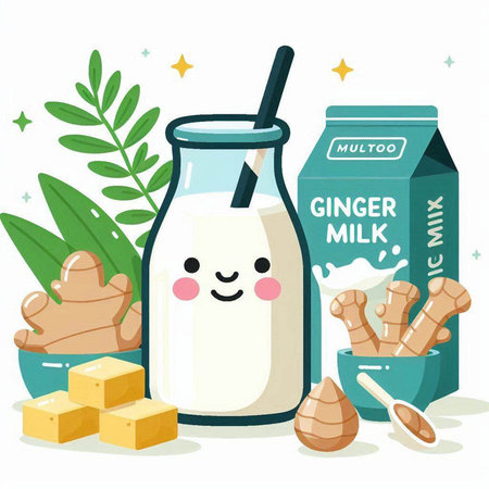 Illustration of a bottle of ginger milk with ingredients for making smoothies.のイラスト素材
